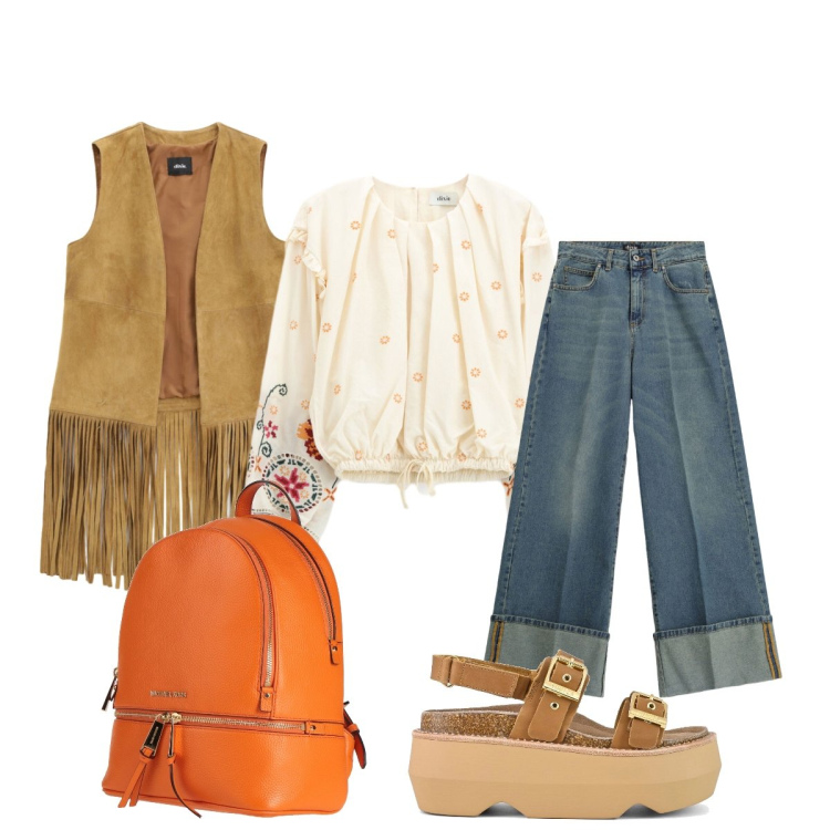 Outfit donna - Serata stile boho. Stile Boho per Serata fuori. Abbinamento con zaini, jeans, bluse, gilet, sandali col tacco.