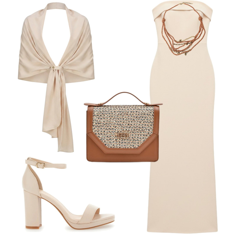 Outfit donna - Serata evento. Stile Chic per Serata fuori. Abbinamento con collane, pochette, vestiti lunghi, stole, sandali col tacco.