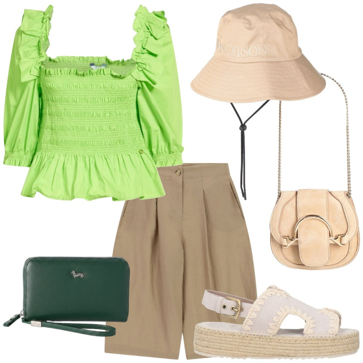 Outfit donna - Ferragosto chic in montagna. Stile Chic per Tutti i giorni. Abbinamento con marsupi, cappelli, top, espadrillas, portafogli, shorts.