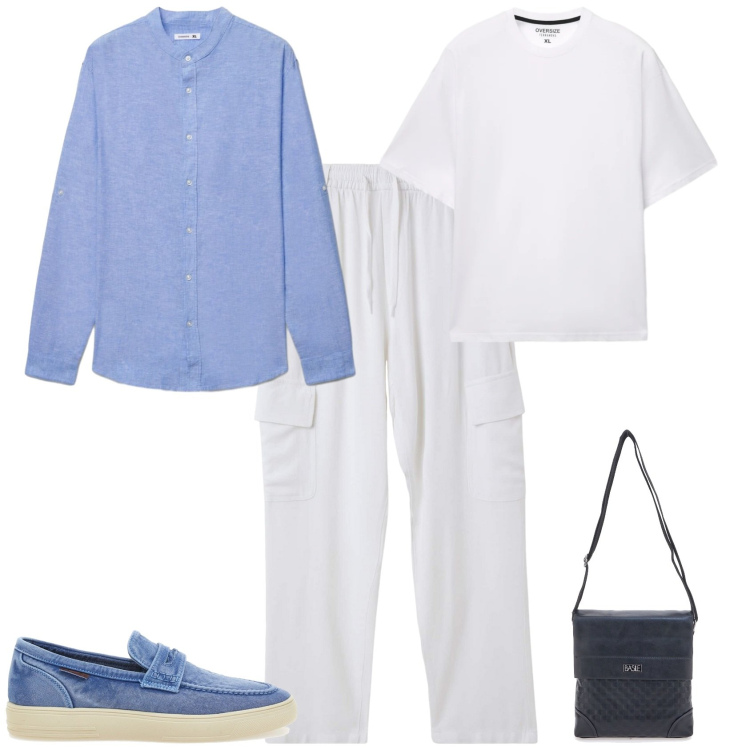 Outfit uomo - Trendy serata evento estivo. Stile Trendy per Serata speciale. Abbinamento con pantaloni cargo, camicie, t-shirt, scarpe stringate, borse sportive.