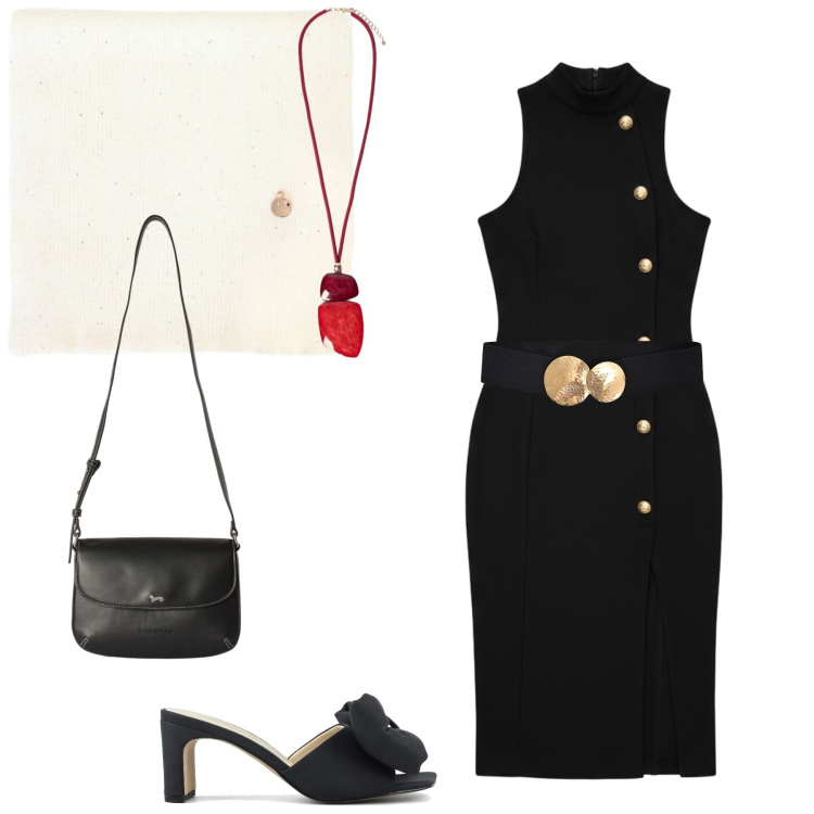 Outfit donna - Total look #2450251. Stile Chic per Serata fuori. Abbinamento con borse a tracolla, vestiti asimmetrici, cinture, sciarpe, ciondoli, sandali col tacco.