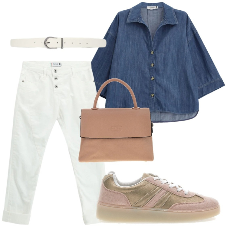 Outfit donna - A lavoro. Stile Casual chic per Ufficio. Abbinamento con cinture, camicie, pantaloni, sneakers, borse a tracolla.