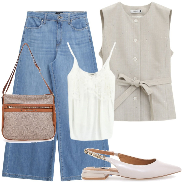 Outfit donna - Ufficio. Stile Chic per Ufficio. Abbinamento con gilet, jeans, top, ballerine, borse a tracolla.