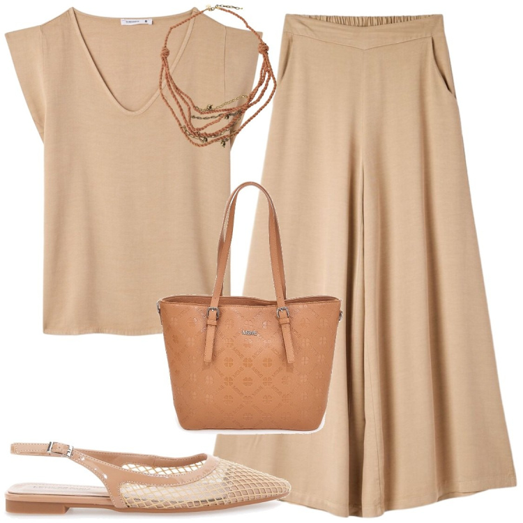 Outfit donna - Color crema ufficio o serata. Stile Chic per Serata fuori. Abbinamento con bluse, pantaloni, collane, ballerine, borse a tracolla.