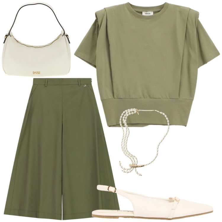 Outfit donna - Ufficio. Stile Chic per Ufficio. Abbinamento con ballerine, t-shirt, collane, pantaloni a palazzo, borse a tracolla.