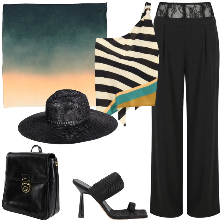 Outfit donna - Total look #2450270. Stile Glamour per Cerimonia. Abbinamento con zaini, cappelli, sciarpe, ciabatte, top, pantaloni a palazzo.