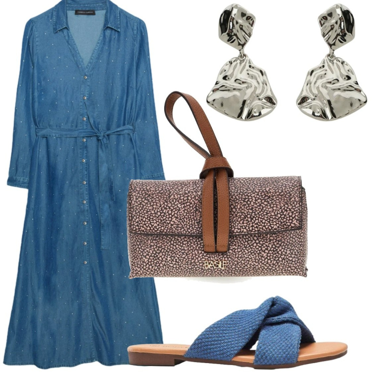 Outfit donna - Fresche serate. Stile Chic per Serata fuori. Abbinamento con ciabatte, orecchini, vestiti lunghi, borse a tracolla.
