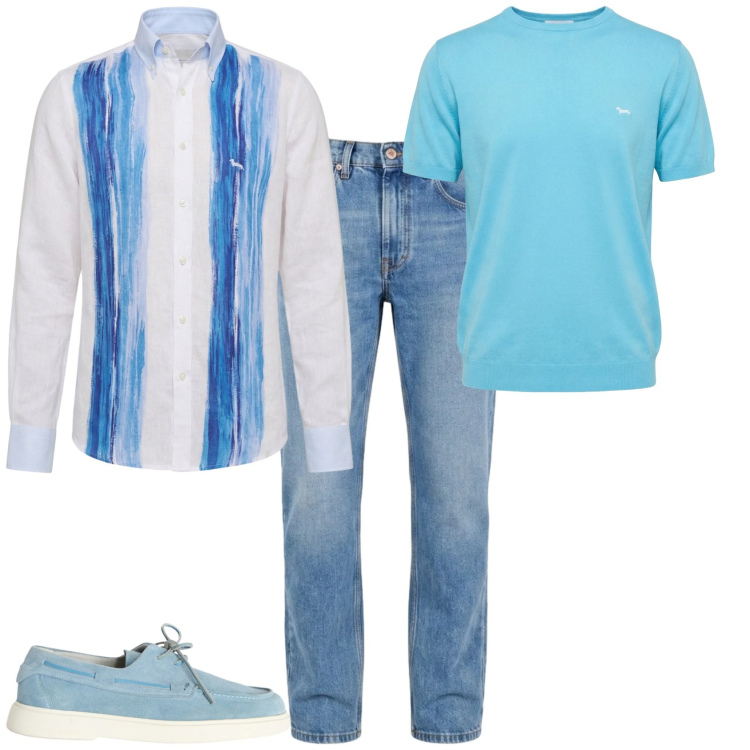 Outfit uomo - La camicia in lino sport chic. Stile Trendy per Serata speciale. Abbinamento con t-shirt, scarpe stringate, jeans, camicie.