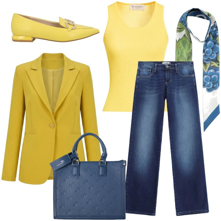Outfit donna - Rientro con stile. Stile Casual chic per Ufficio. Abbinamento con mocassini, sciarpe, top, borse a mano, jeans dritti, blazer.