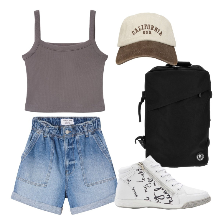 Outfit donna - Alpine altidute. Stile Minimal per Tutti i giorni. Abbinamento con sneakers, shorts, cappelli con visiera, canottiere, zaini.