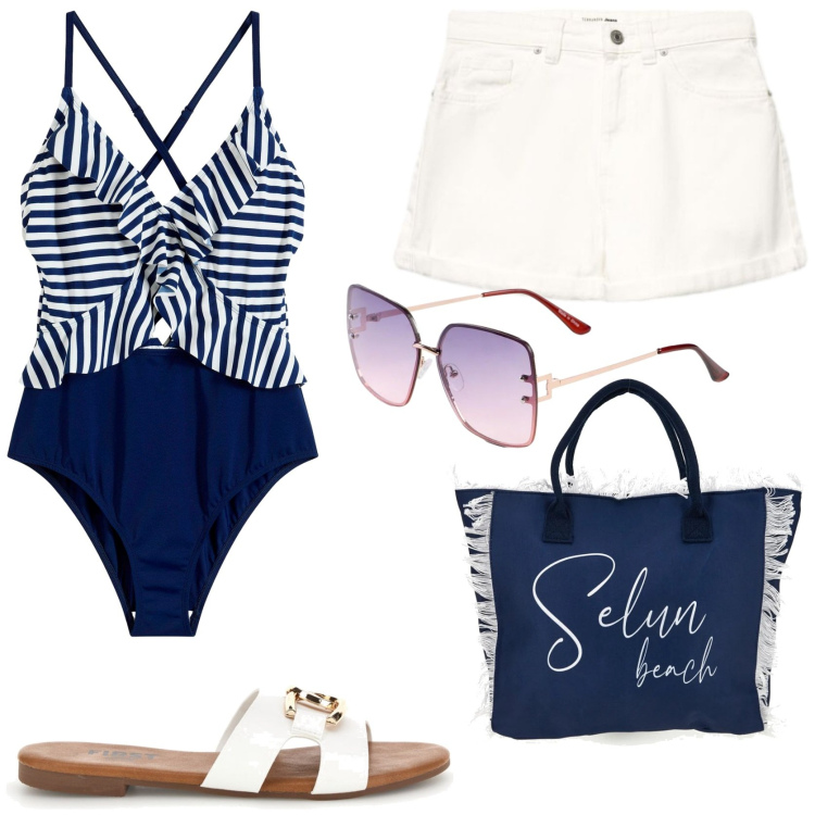 Outfit donna - Ferragosto al mare. Stile Chic per Mare. Abbinamento con costumi interi, occhiali da sole, shorts, ciabatte, shopping bag.