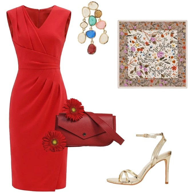 Outfit donna - Elegante, formale e da cerimonia. Stile Casual chic per Ufficio. Abbinamento con sandali col tacco, foulard, borse a tracolla, orecchini, vestiti asimmetrici.