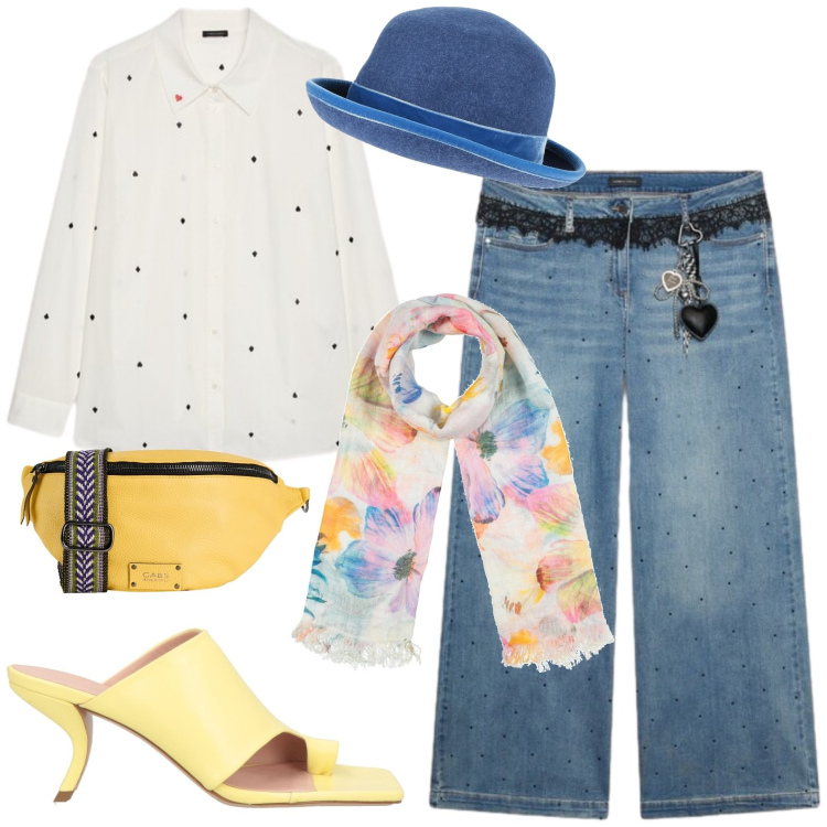 Outfit donna - Total look #2450283. Stile Casual per Tutti i giorni. Abbinamento con marsupi, cappelli, sciarpe, ciabatte, jeans, camicie.