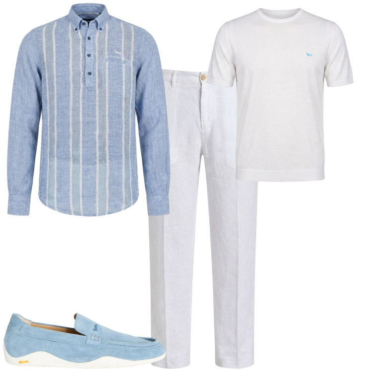 Outfit uomo - Camicia in lino serata estiva. Stile Trendy per Mare. Abbinamento con scarpe stringate, t-shirt, pantaloni chino, camicie.