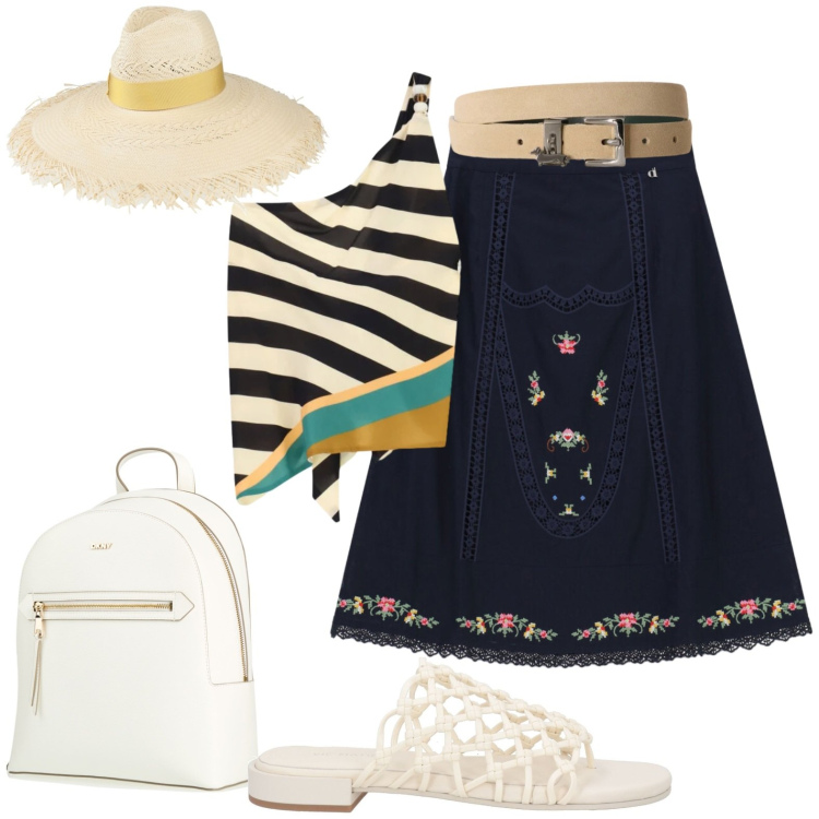 Outfit donna - Summer. Stile Casual per Mare. Abbinamento con cappelli, zaini, ciabatte, cinture, top, gonne longuette.