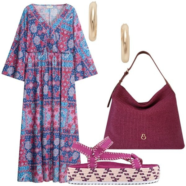 Outfit donna - abito lungo e fluido estivo. Stile Casual chic per Serata fuori. Abbinamento con vestiti, orecchini, borse a spalla, sandali.