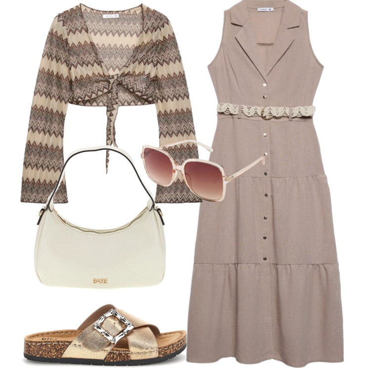 Outfit donna - Chemisier. Stile Casual per Tutti i giorni. Abbinamento con occhiali da sole, blazer, vestiti chemisier, borse a tracolla, ciabatte.