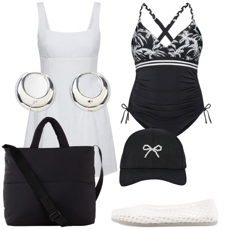 Outfit donna - Total look #2450291. Stile Casual per Mare. Abbinamento con shopping bag, orecchini, cappelli con visiera, vestiti corti, costumi interi, ballerine.