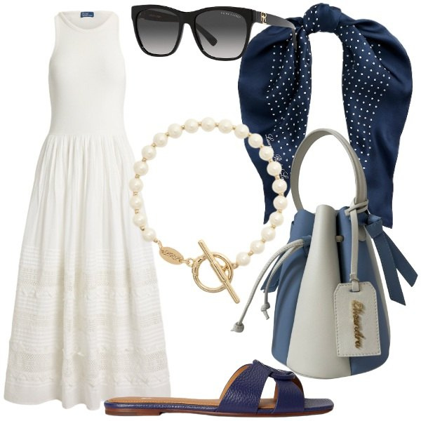 Outfit donna - agosto. Stile Glamour per Serata fuori. Abbinamento con vestiti midi/longuette, sandali in pelle, occhiali da sole, foulard, braccialetti, borse a secchiello.