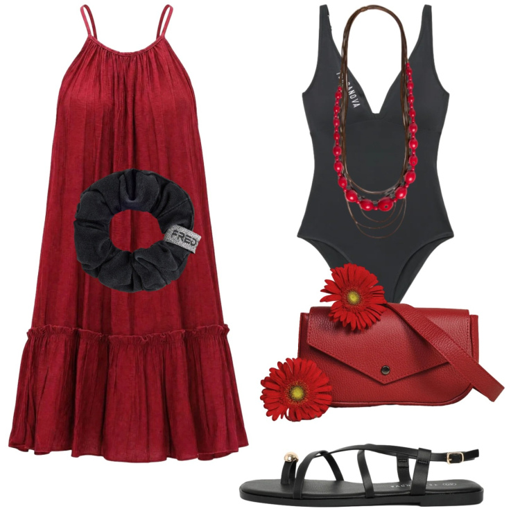 Outfit donna - Total look #2450293. Stile Etnico per Mare. Abbinamento con sandali, costumi interi, vestiti corti, borse a tracolla, collane, accessori per capelli.