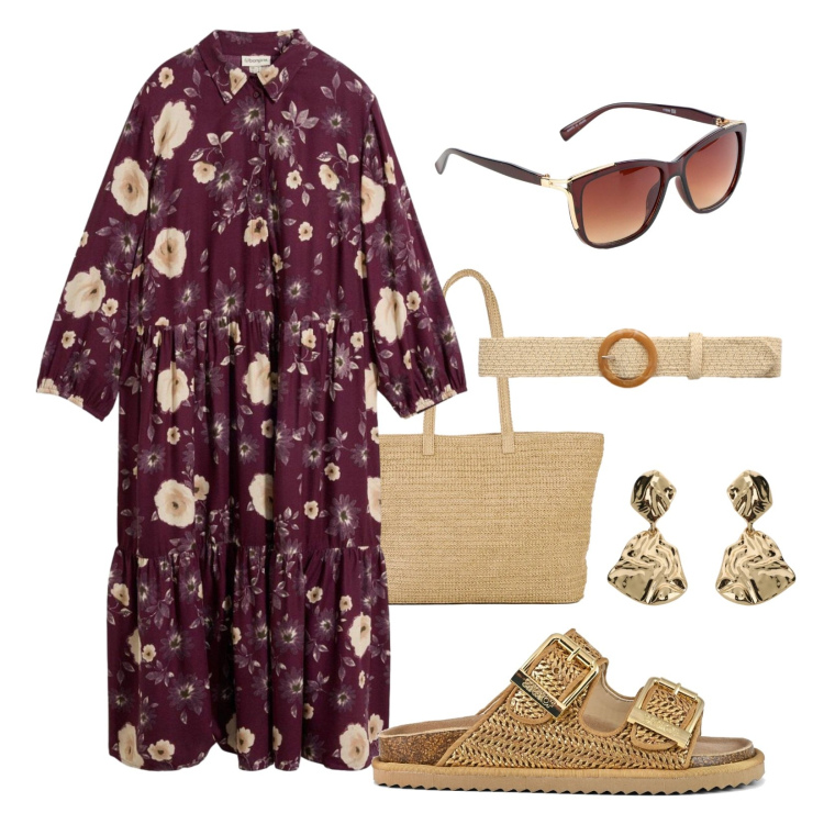 Outfit donna - Abito tunica. Stile Casual chic per Mare. Abbinamento con shopping bag, occhiali da sole, vestiti, cinture, orecchini, sandali.