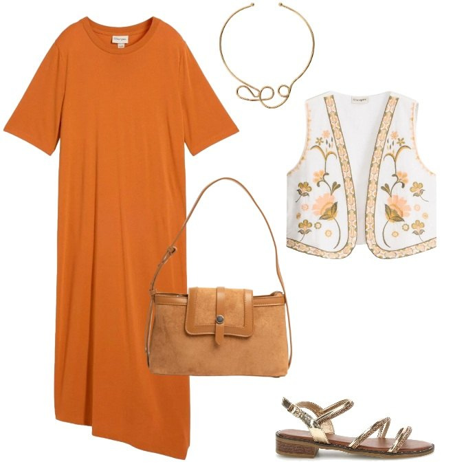 Outfit donna - Boho chic -estivo disinvolto. Stile Etnico per Tutti i giorni. Abbinamento con vestiti asimmetrici, gilet, collane, borse a tracolla, sandali col tacco.