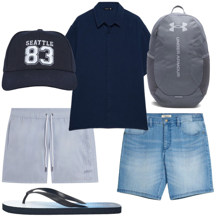 Outfit uomo - Zaino in spiaggia. Stile Casual per Mare. Abbinamento con shorts, cappelli con visiera, camicie a manica corta, sandali, costumi, borse sportive.