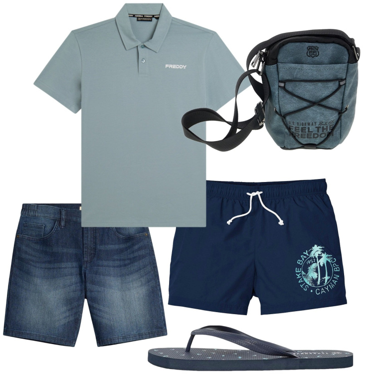 Outfit uomo - Total look #2450301. Stile Casual per Mare. Abbinamento con costumi, shorts, sandali, polo, jeans.