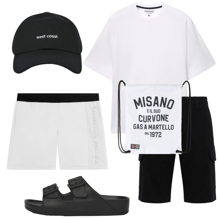 Outfit uomo - Total look #2450305. Stile Biker Rock per Mare. Abbinamento con pantaloni corti, borse sportive, cappelli con visiera, t-shirt, sandali, costumi.