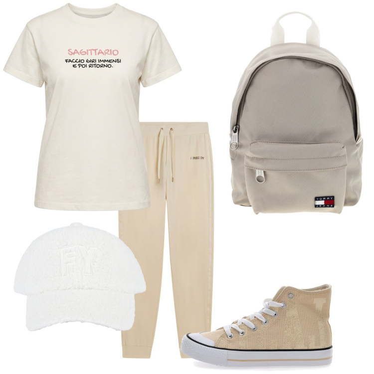 Outfit donna - Total look #2450308. Stile Casual per Tutti i giorni. Abbinamento con t-shirt, cappelli con visiera, pantaloni, sneakers, zaini.