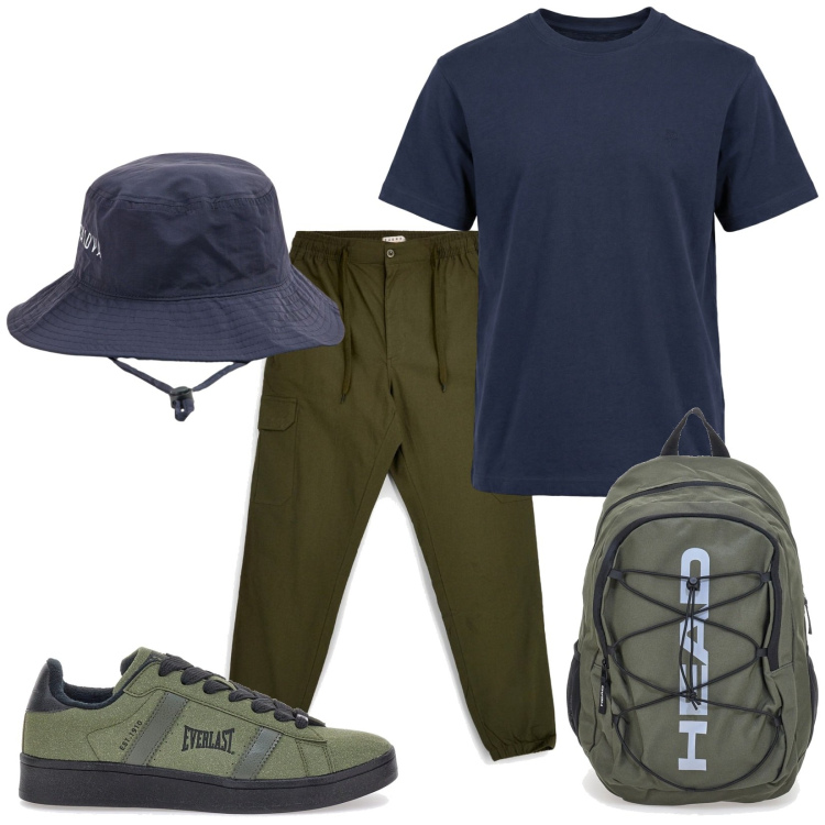 Outfit uomo - In Trentino. Stile Casual per Tutti i giorni. Abbinamento con t-shirt, cappelli, sneakers, pantaloni cargo, zaini.