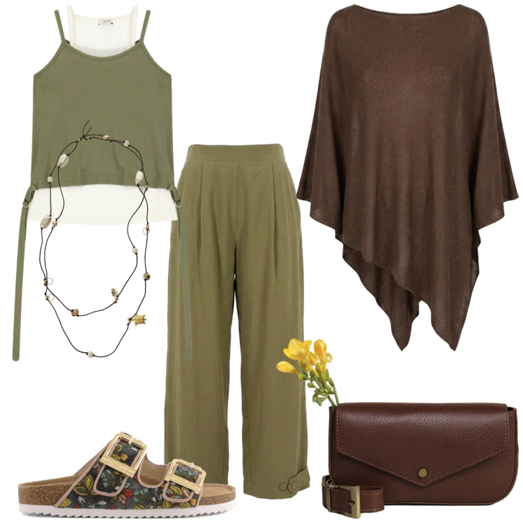 Outfit donna - Ferragosto in Abruzzo. Stile Casual chic per Serata fuori. Abbinamento con collane, borse a tracolla, top, pantaloni, cappotti, ciabatte.