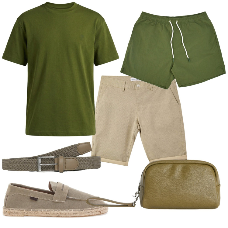 Outfit uomo - Total look #2450312. Stile Trendy per Mare. Abbinamento con borse sportive, t-shirt, pantaloni corti, cinture, costumi, espadrillas.