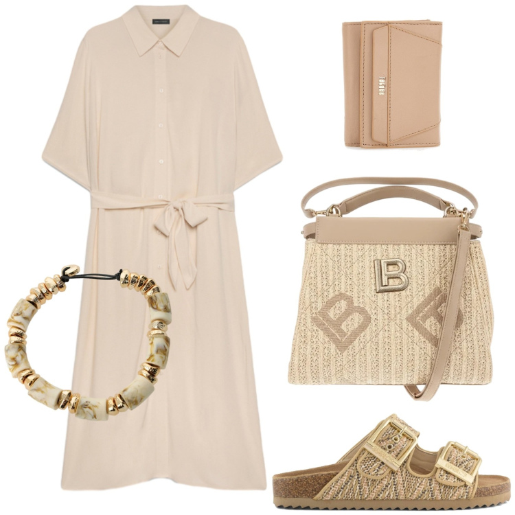 Outfit donna - Il vestito morbido. Stile Casual chic per Tutti i giorni. Abbinamento con braccialetti, vestiti chemisier, sandali, portafogli, borse a tracolla.