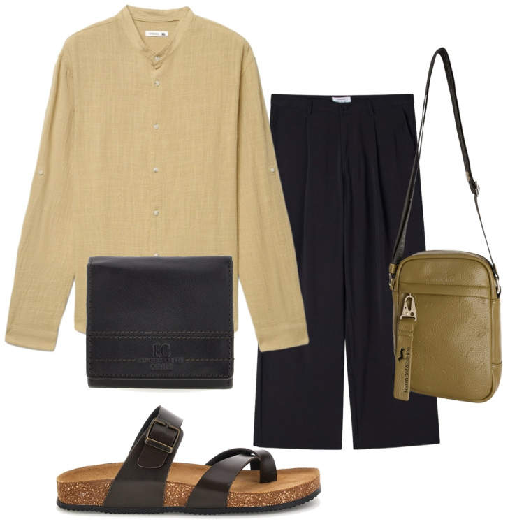 Outfit uomo - Cena di ferragosto. Stile Trendy per Tutti i giorni. Abbinamento con borse sportive, camicie, pantaloni, sandali, portafogli.