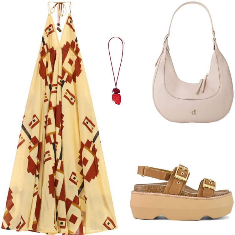 Outfit donna - Estate da sogno. Stile Boho per Serata fuori. Abbinamento con borse a tracolla, vestiti lunghi, ciondoli, sandali col tacco.