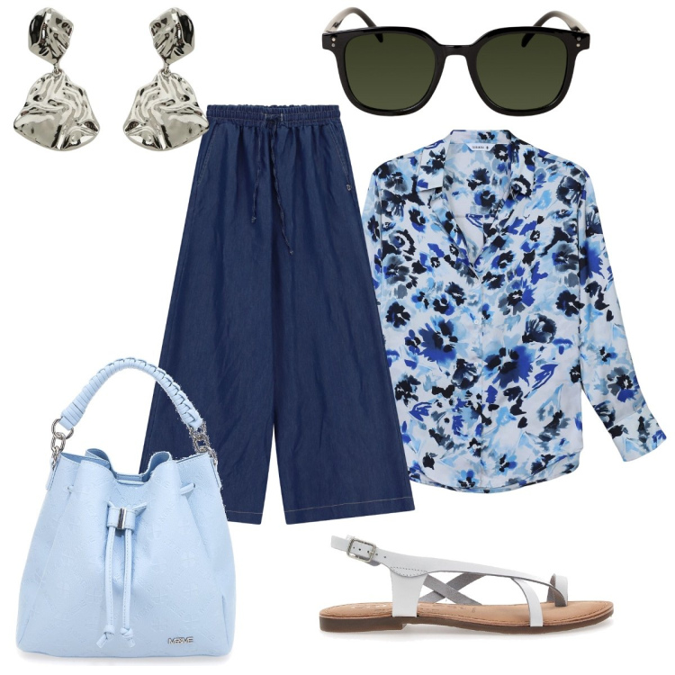 Outfit donna - In città. Stile Casual chic per Tutti i giorni. Abbinamento con camicie, pantaloni a palazzo, orecchini, occhiali da sole, sandali, borse a secchiello.