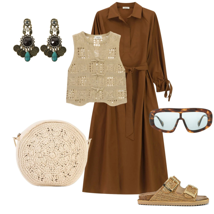Outfit donna - Maxi dress. Stile Boho per Tutti i giorni. Abbinamento con borse a tracolla, orecchini, vestiti midi/longuette, gilet, occhiali da sole, sandali.