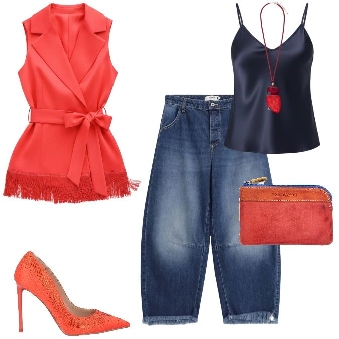 Outfit donna - Casual chic - Agosto. Stile Trendy per Tutti i giorni. Abbinamento con décolleté, jeans, canottiere, gilet, ciondoli, portachiavi.