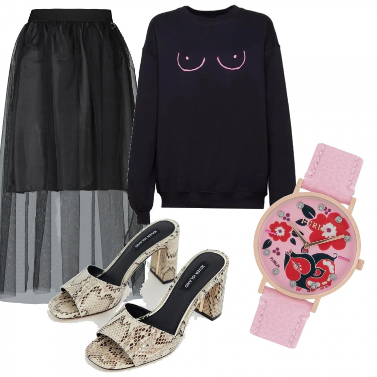 Outfit donna - Rock #802. Stile Rock per Serata fuori. Abbinamento con gonna lunga a trapezio interno foderato in tulle tinta unita, sabot con stampa collo aperto, orologio, felpa glitter girocollo nero e rosa.