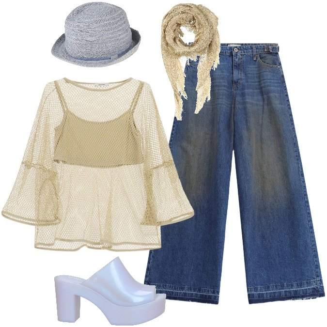 Outfit donna - Total look #2450320- Boho chic. Stile Trendy per Tutti i giorni. Abbinamento con cappelli, sandali col tacco, stole, jeans, top.