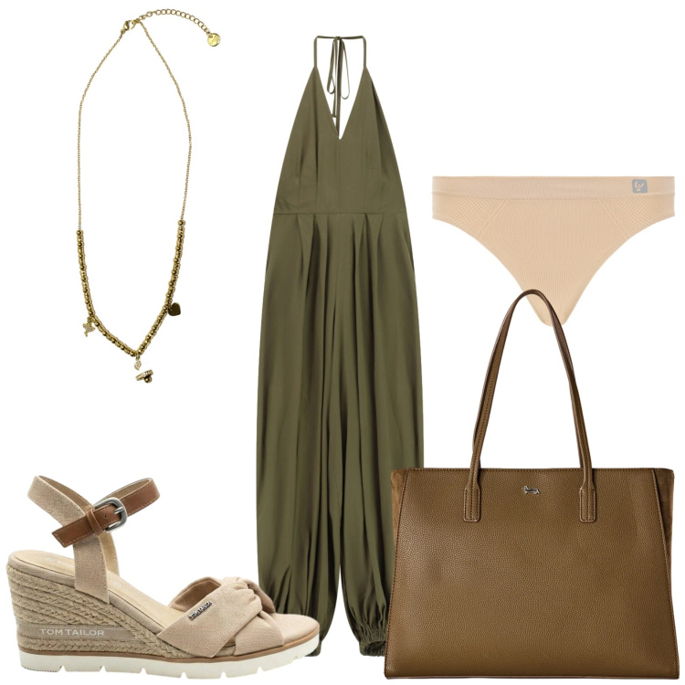 Outfit donna - Che caldo che si sente. Stile Trendy per Tutti i giorni. Abbinamento con sandali col tacco, shopping bag, tute, perizomi, ciondoli.