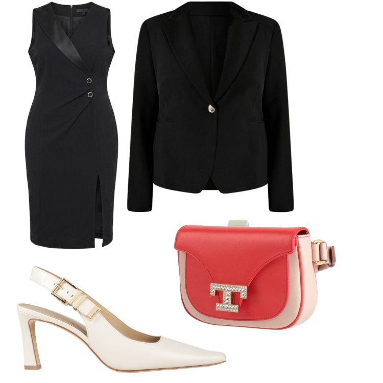 Outfit donna - Affari con stile. Stile Bon Ton per Ufficio. look ideale per Tall. Abbinamento con marsupi, décolleté, blazer, vestiti asimmetrici.