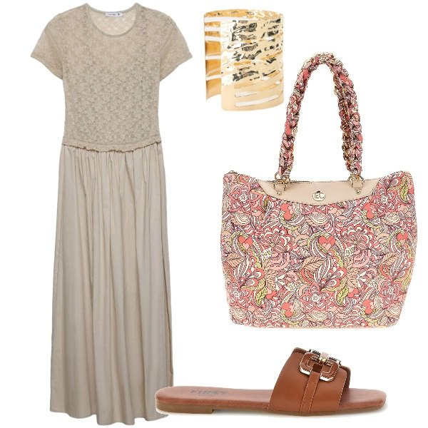 Outfit donna - Abito lungo e fluido. Stile Boho per Tutti i giorni. Abbinamento con vestiti lunghi, braccialetti, borse a spalla, ciabatte.