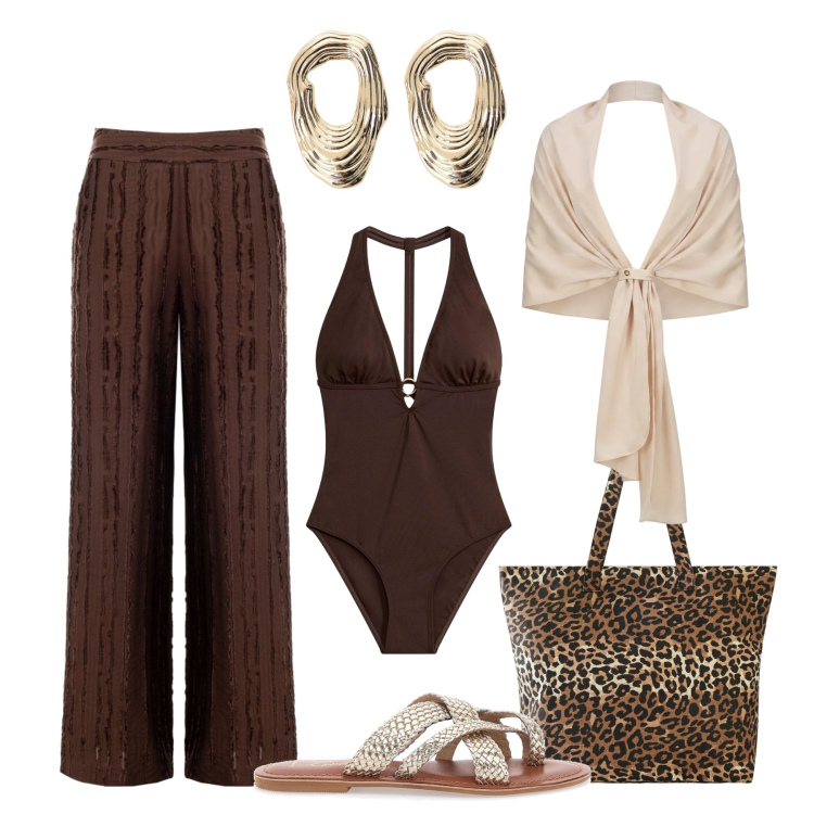 Outfit donna - Ferragosto al mare - @laurafo. Stile Glamour per Mare. Abbinamento con shopping bag, costumi interi, orecchini, pantaloni a palazzo, stole, infradito.