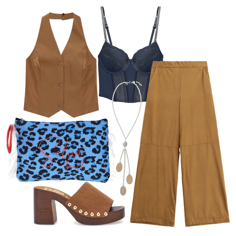 Outfit donna - Agosto. Stile Trendy per Tutti i giorni. Abbinamento con bralette, collane, gilet, pantaloni a palazzo, zoccoli, pochette.