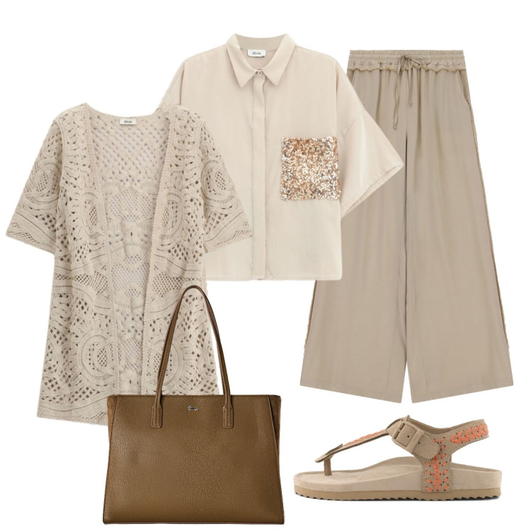 Outfit donna - Eleganza sabbia. Stile Casual chic per Tutti i giorni. Abbinamento con shopping bag, cardigans, pantaloni a palazzo, camicie a manica corta, infradito.