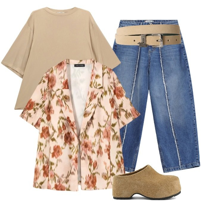 Outfit donna - Oversize. Stile Etnico per Tutti i giorni. Abbinamento con cinture, jeans, t-shirt, blazer, zoccoli.