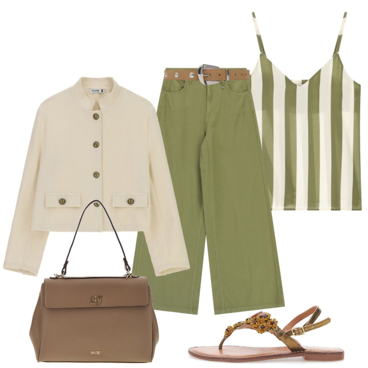 Outfit donna - Classe naturale. Stile Casual chic per Tutti i giorni. Abbinamento con cinture, cappotti, pantaloni a palazzo, top, sandali gioiello, borse a tracolla.