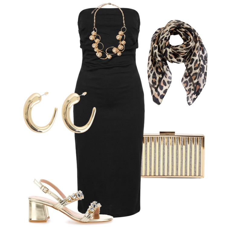 Outfit donna - Tubino midi a cena. Stile Chic per Serata fuori. Abbinamento con foulard, orecchini, clutch, vestiti midi/longuette, collane, sandali gioiello.
